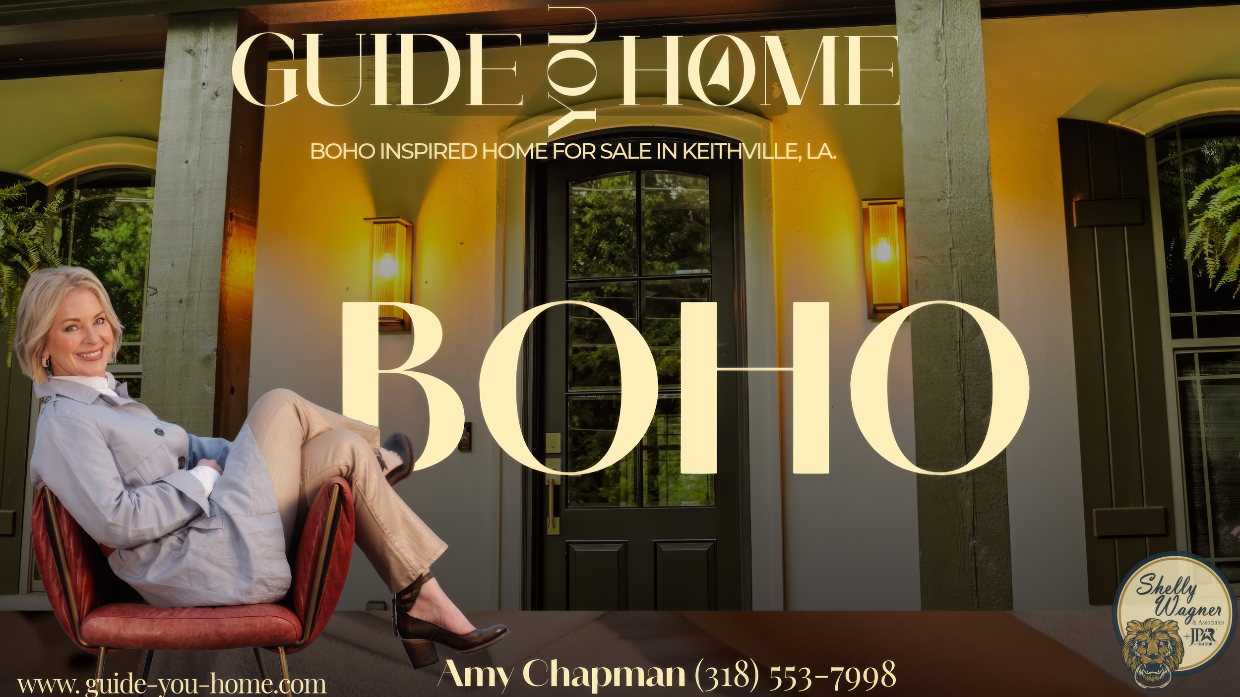 Real estate advertisement featuring a smiling woman seated beside a modern home entrance, promoting a boho-inspired home for sale in Keithville, Louisiana.