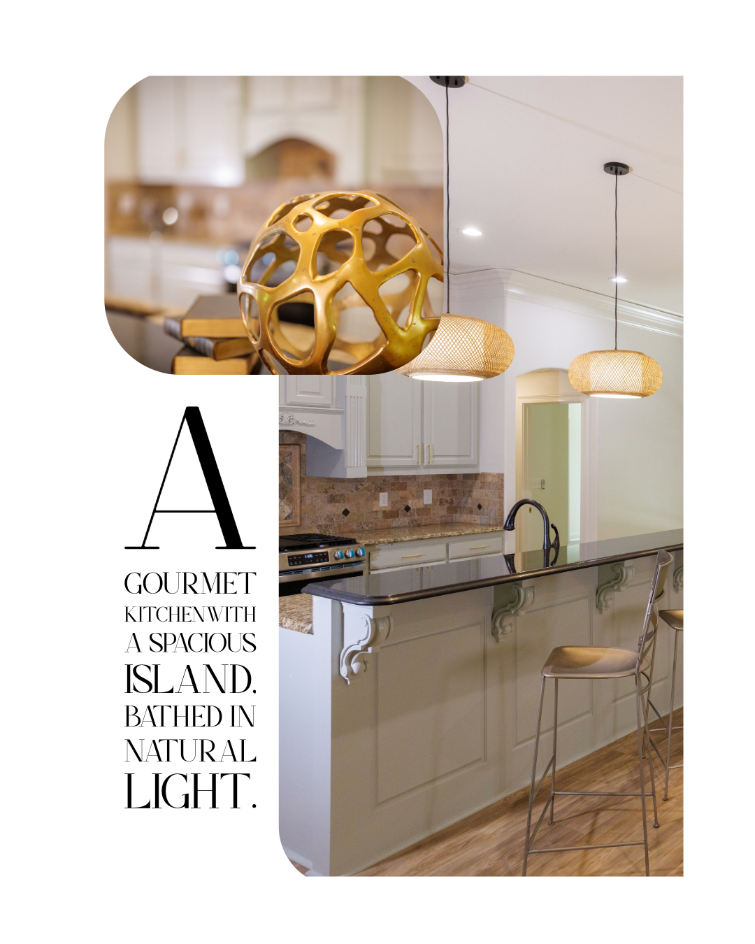 Bright gourmet kitchen with a spacious island, bar stools, pendant lights, and a decorative gold sphere