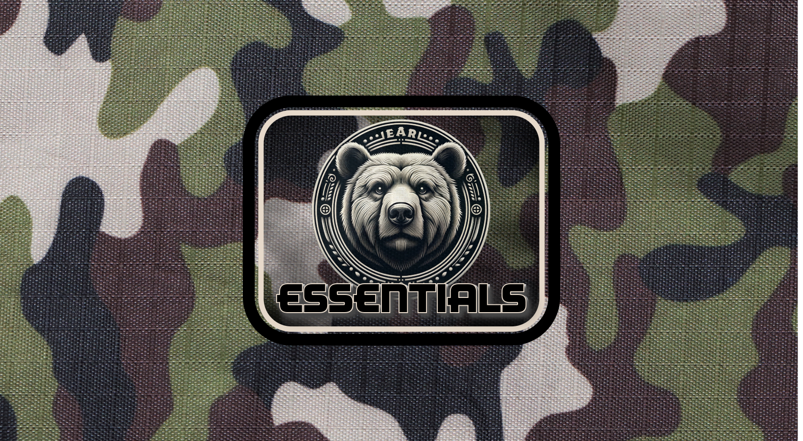 Earl Essentials bear logo on a camouflage-patterned background