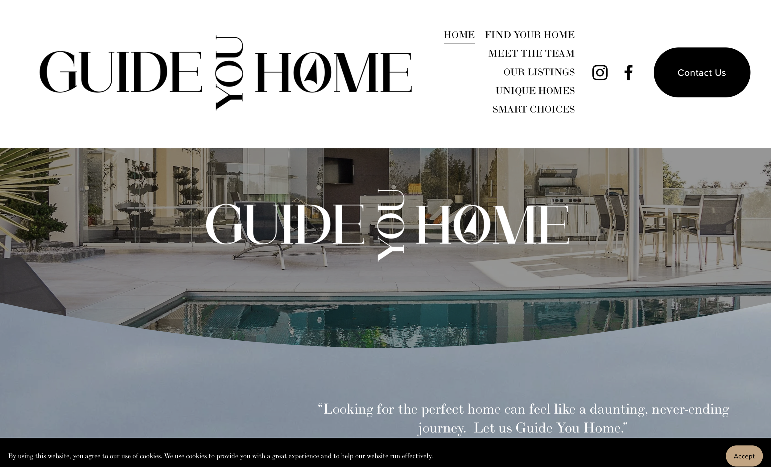 Guide Home real estate website homepage featuring a modern luxury home, swimming pool, navigation menu, and contact button