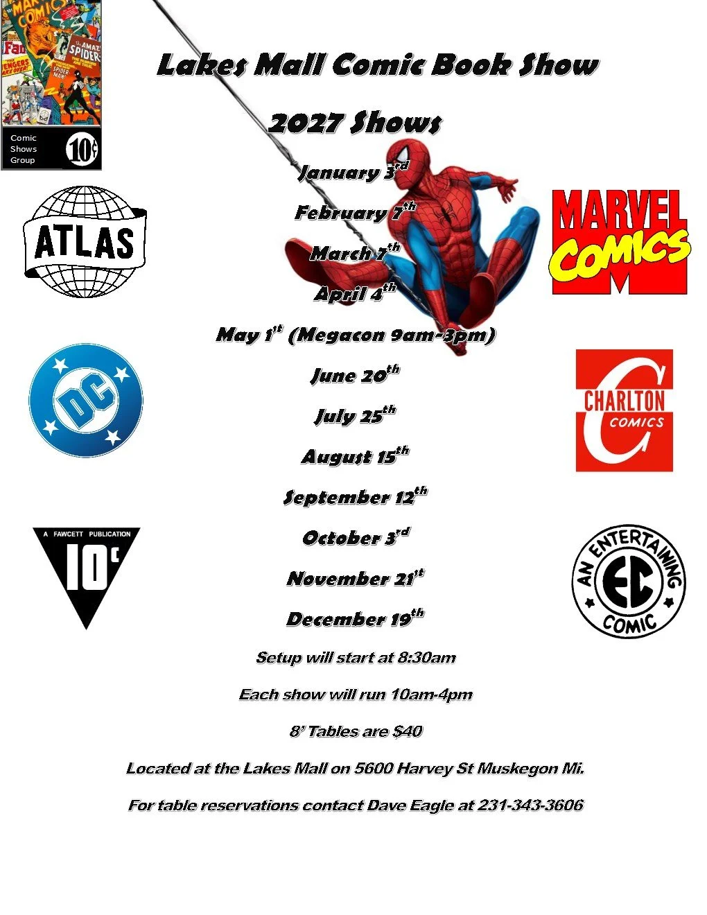 Lakes Mall Comic Book Show 2027 schedule flyer in Muskegon, Michigan, featuring Spider-Man and classic comic publisher logos