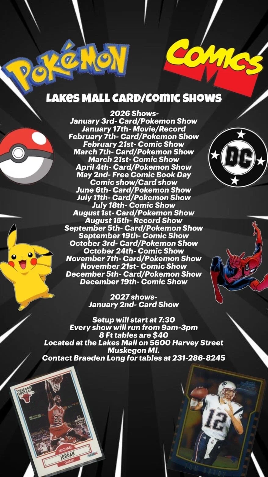 Lakes Mall 2026 card, Pokémon, comic, movie, and record show schedule flyer in Muskegon, Michigan