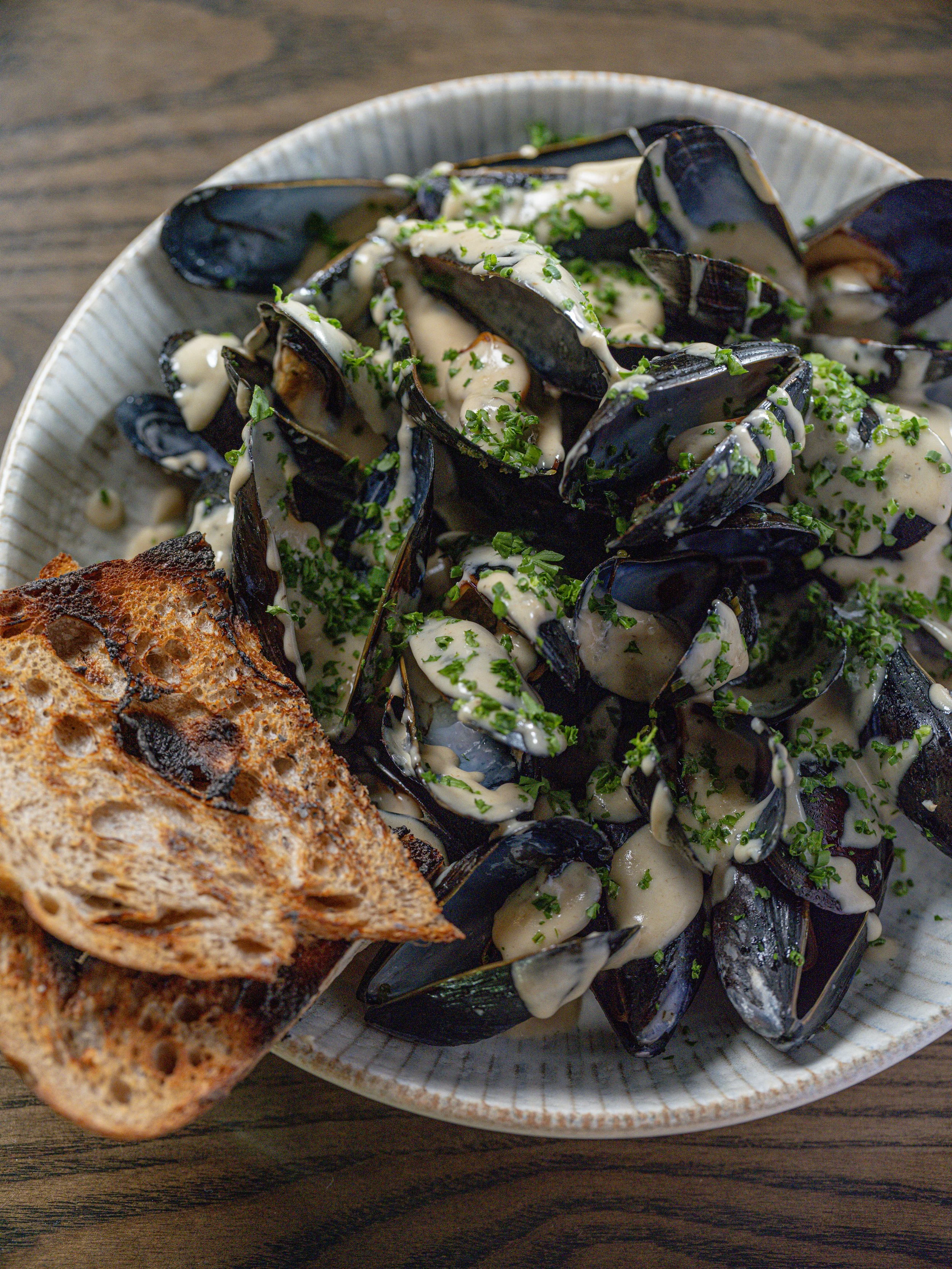 Steamed mussels with creamy garlic sauce and chopped herbs, served with toasted bread
