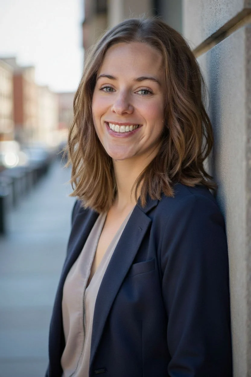 Smiling businesswoman in a navy blazer standing outdoors beside a building