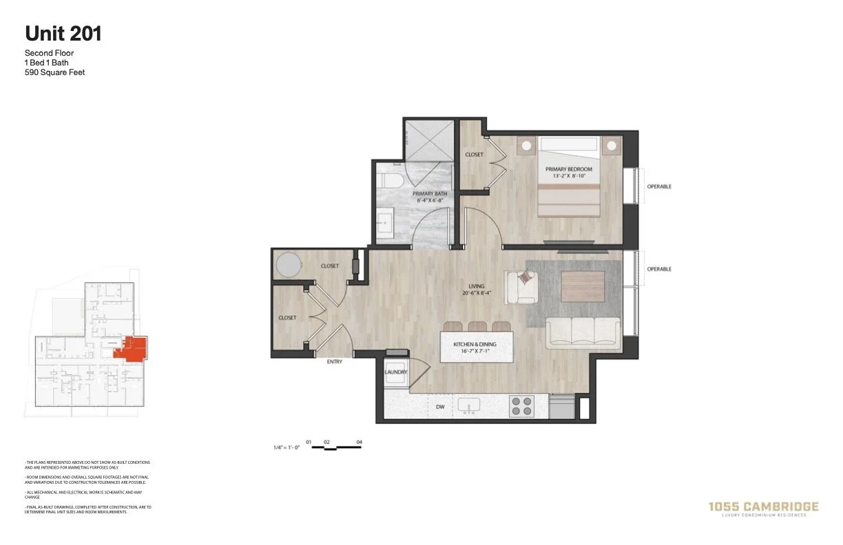 Floor plan of Unit 201, a second-floor one-bedroom, one-bath apartment with 590 square feet, showing the layout of the living room, kitchen, bedroom, bathroom, closets, and laundry area.