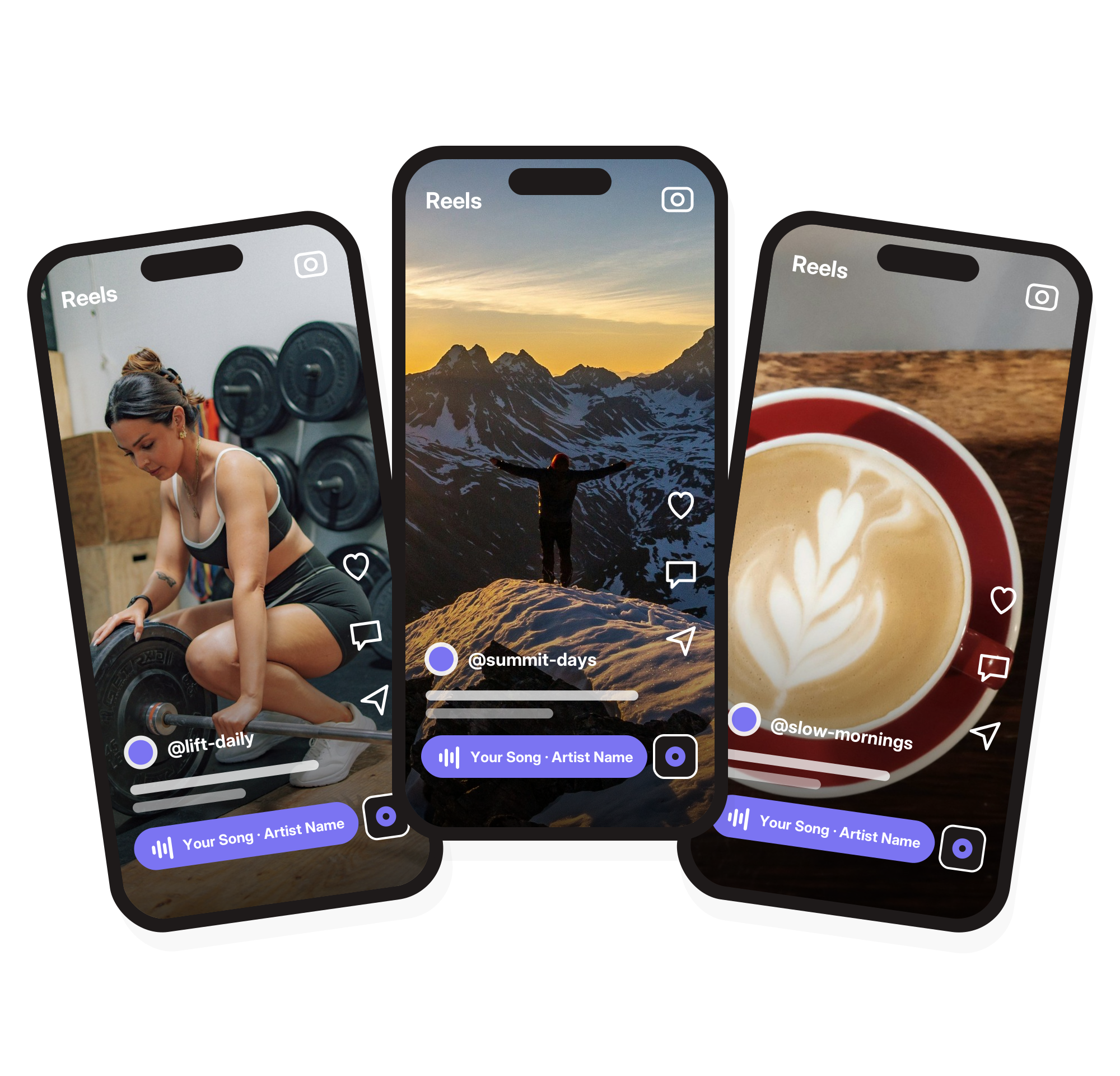 Three Instagram Reels smartphone screens featuring a woman lifting weights, a hiker overlooking snowy mountains, and a latte in a red cup.
