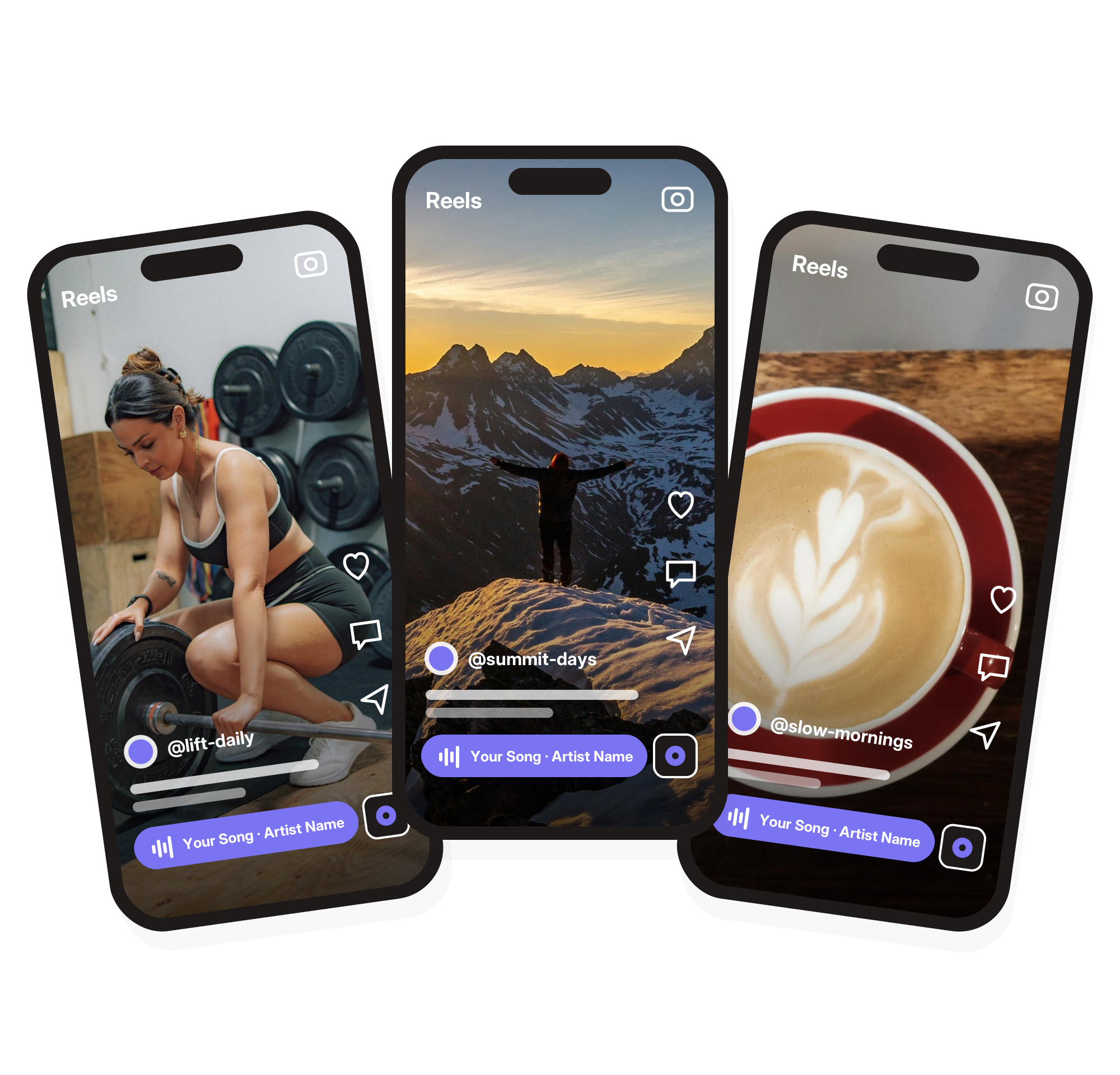Three Instagram Reels-style smartphone screens showing a woman lifting weights, a person overlooking snowy mountains, and a latte with heart-shaped foam.