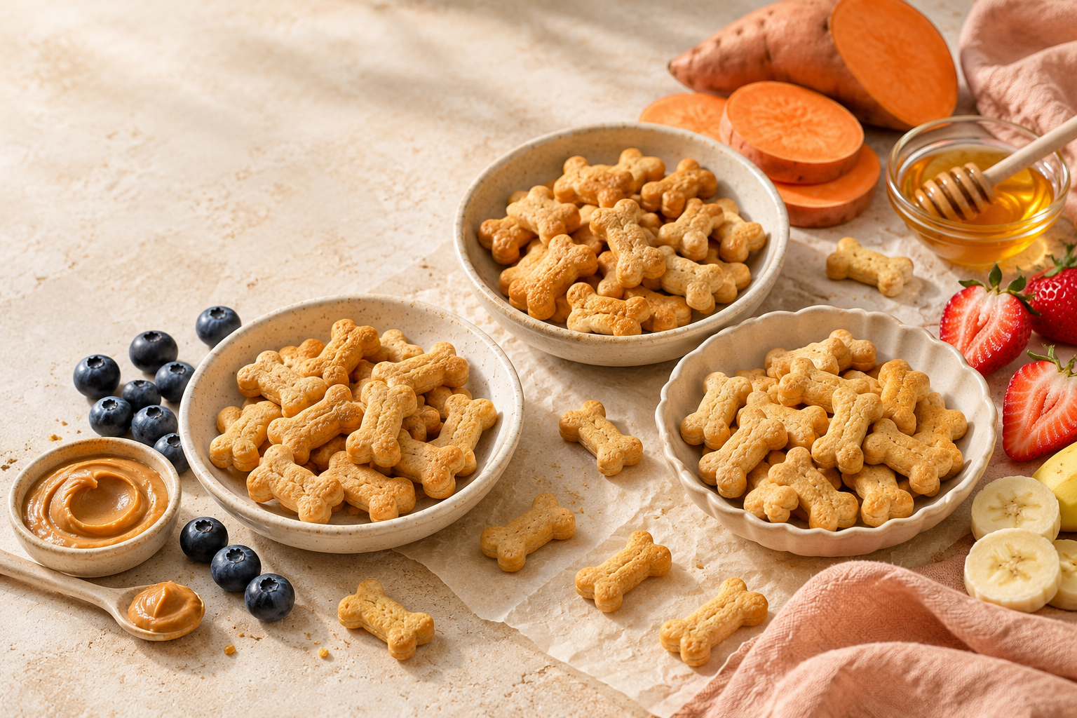 Three bowls of bone-shaped dog treats surrounded by sweet potatoes, peanut butter, honey, blueberries, strawberries, and banana slices
