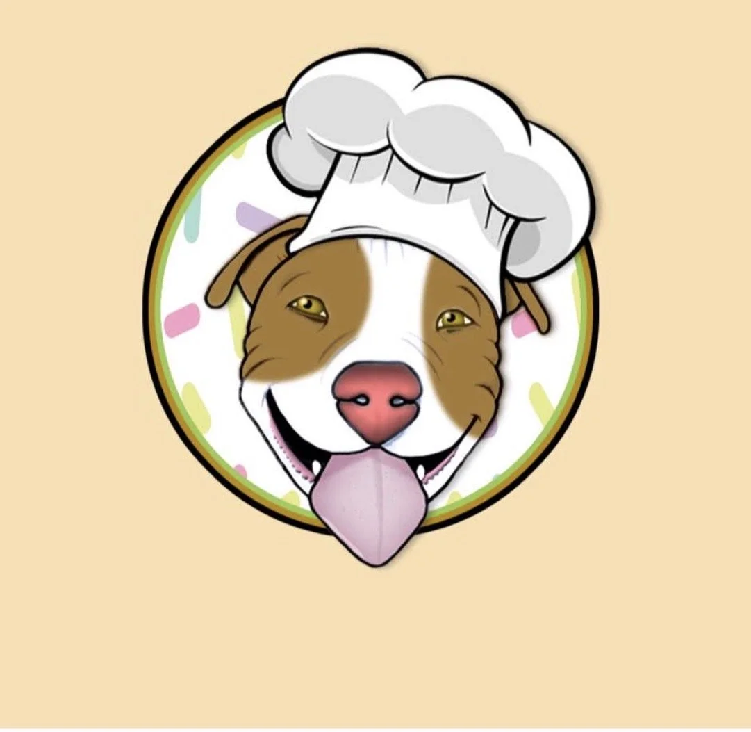 Cartoon pit bull wearing a chef's hat and smiling with its tongue out