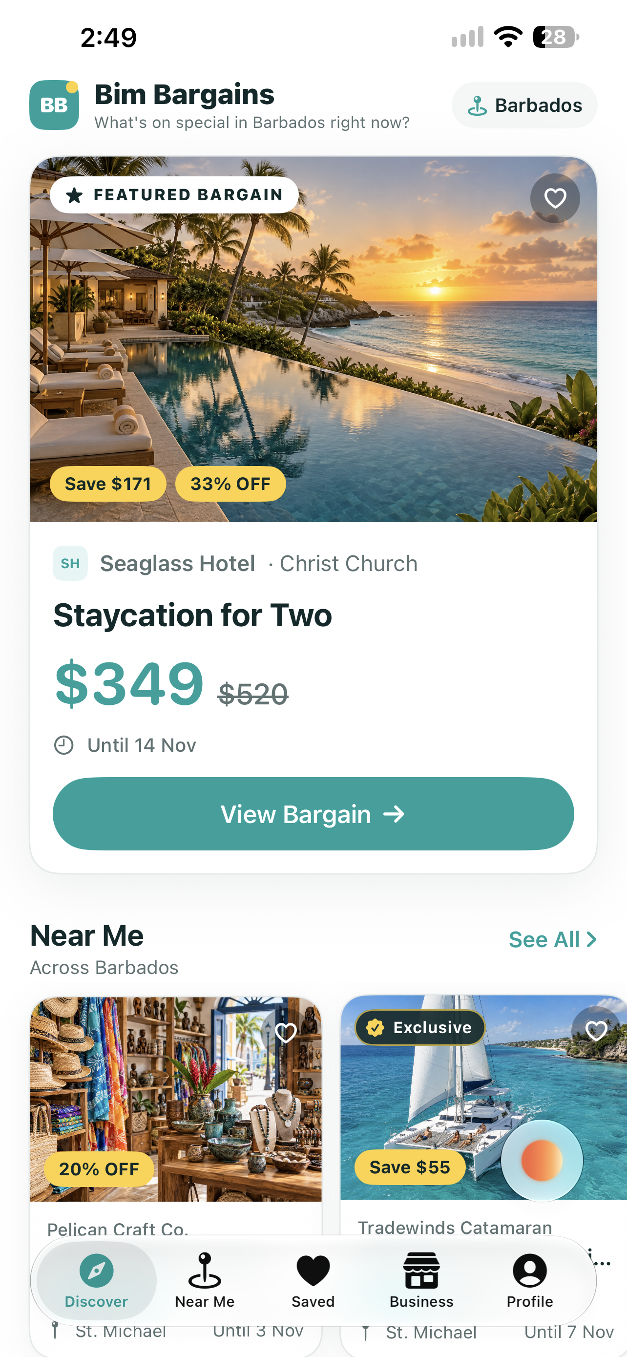 Bim Bargains Barbados app showing a featured Sea­glass Hotel staycation for two in Christ Church for $349, with a tropical infinity pool, beach sunset, and nearby craft shop and catamaran deals.