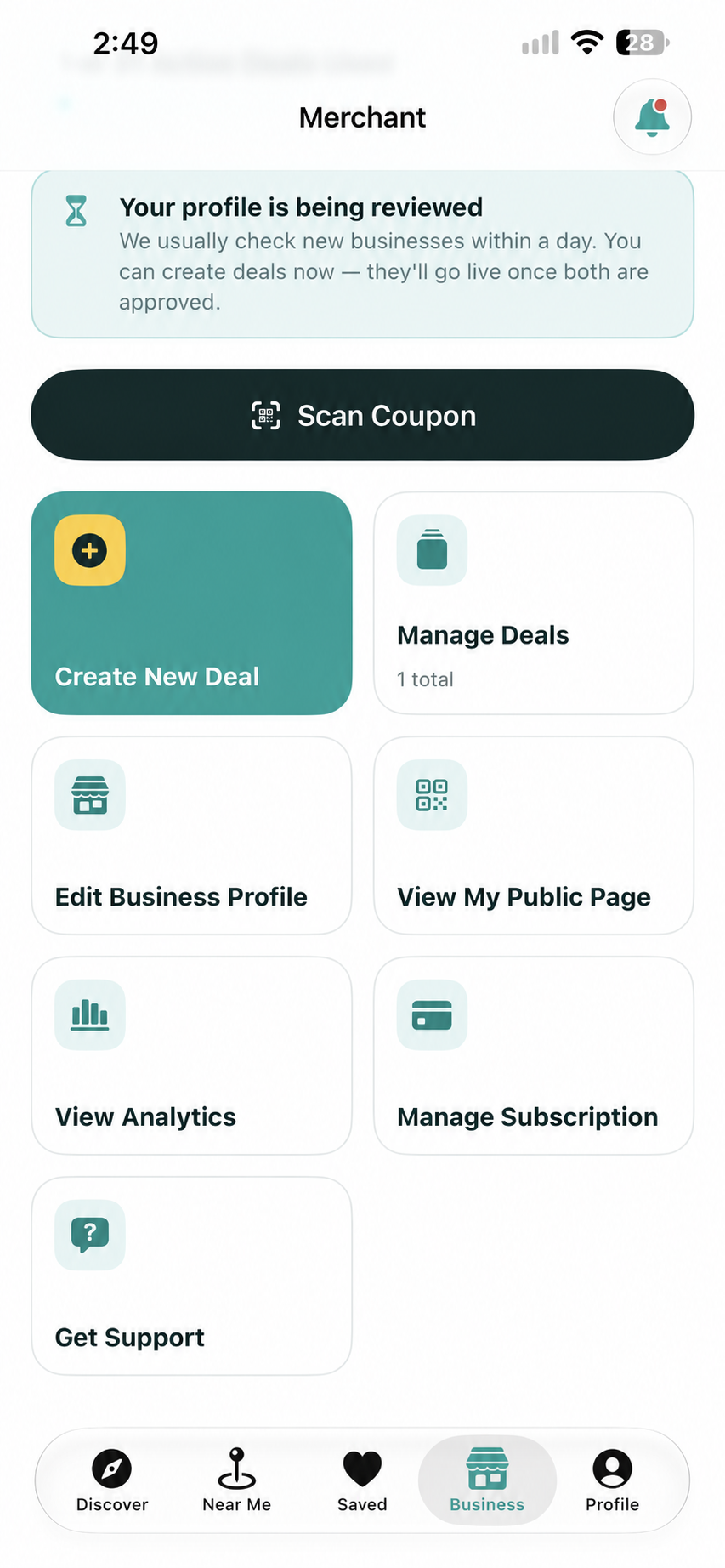 Mobile merchant dashboard showing profile review status, Scan Coupon button, deal management options, analytics, subscription, support, and bottom navigation.