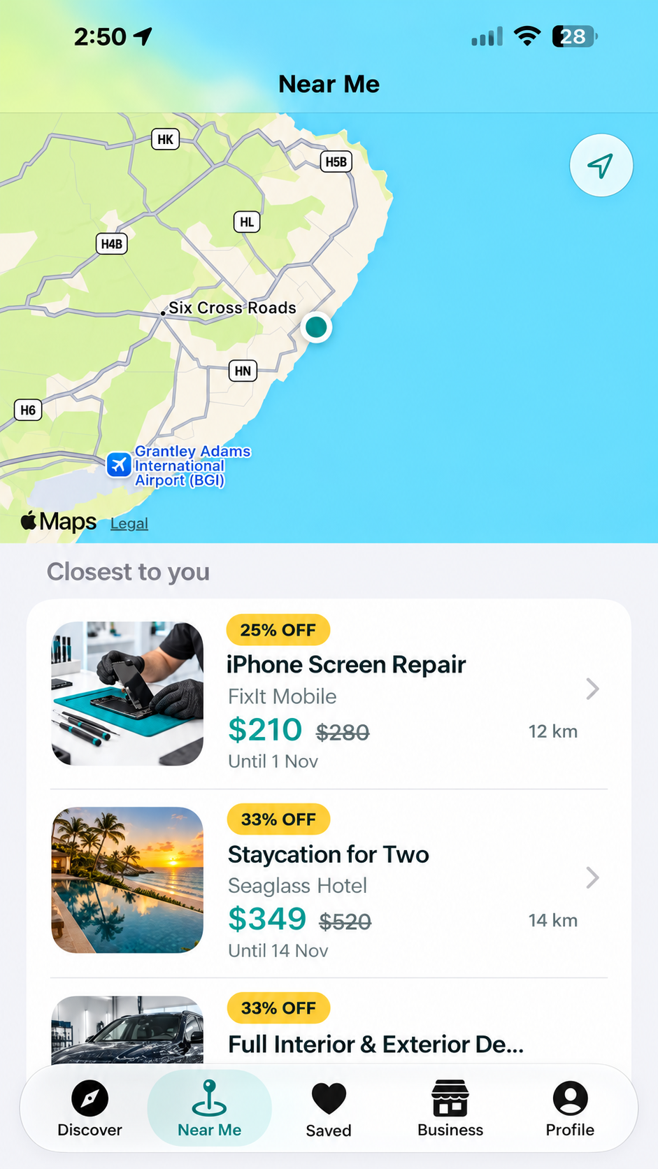 Near Me deals app screen showing a Barbados map near Six Cross Roads and Grantley Adams International Airport, with offers for iPhone screen repair, a hotel staycation, and car detailing.