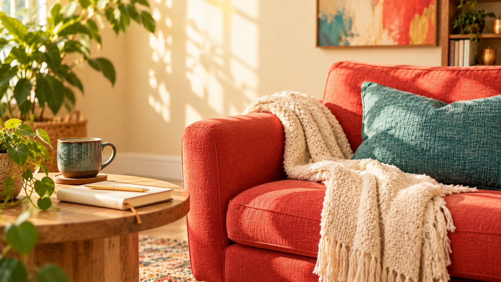 Red armchair with a cream knit blanket and teal cushion in a sunlit room.