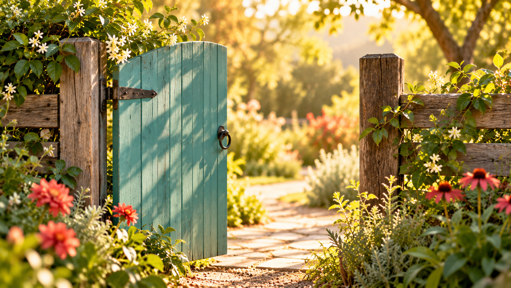 Teal gate in sunlight garden.