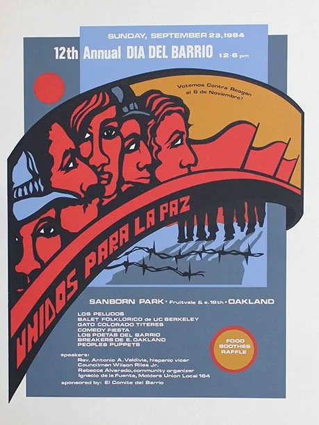 1984 Día del Barrio event poster featuring Latino community portraits, red banner reading “Unidos para la paz,” and Sanborn Park Oakland event details. Art by Malaquias Montoya.