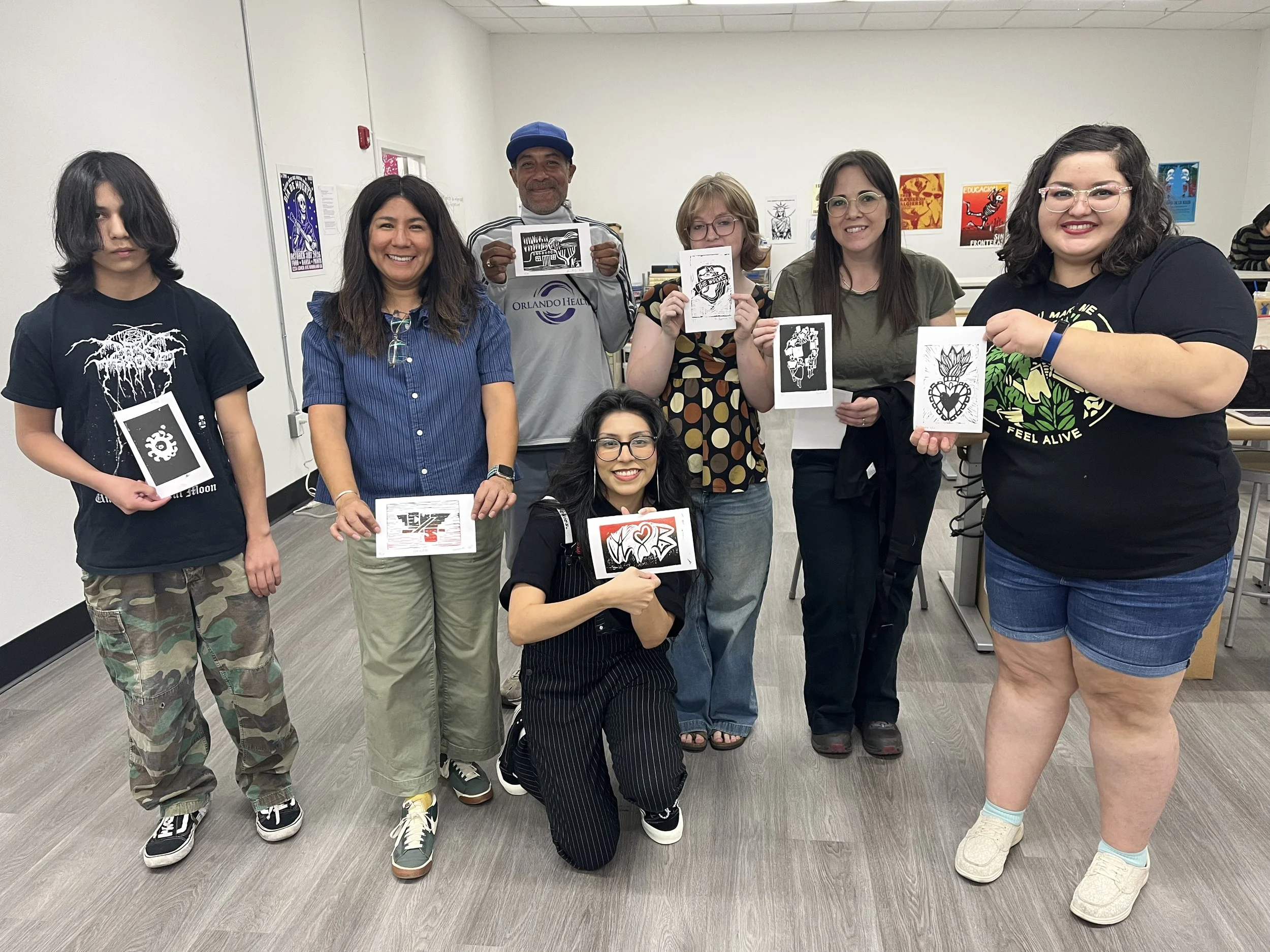 Group photo of printmaking class at Washington Neighborhood Center in Sacramento CA.