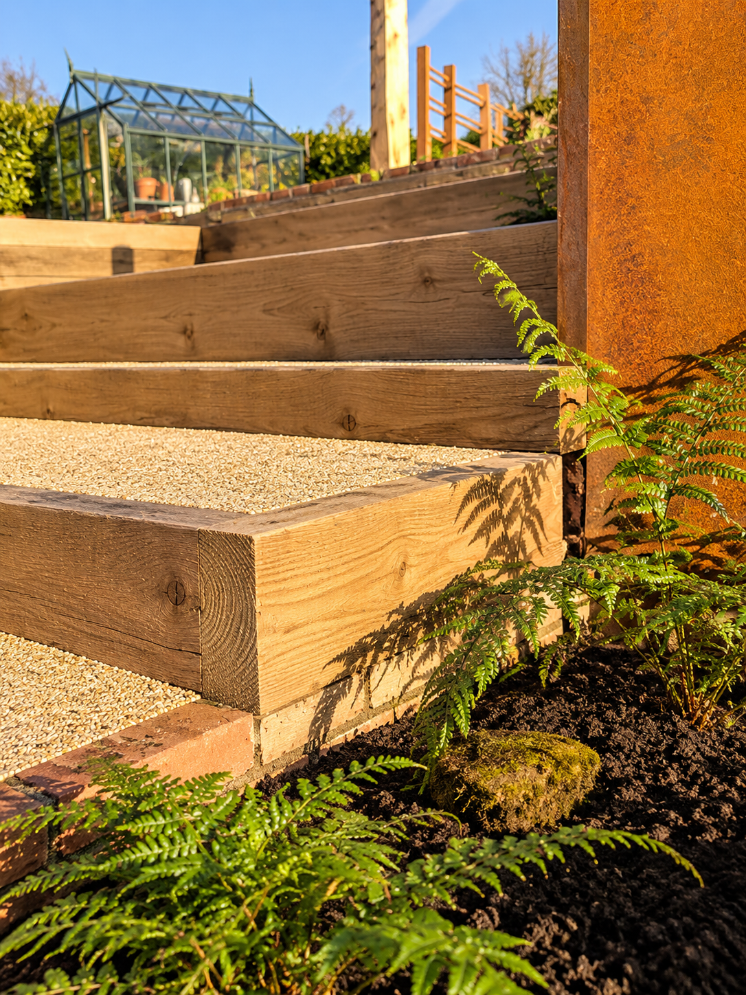 Sunlit Timber Steps and Ferns.png
