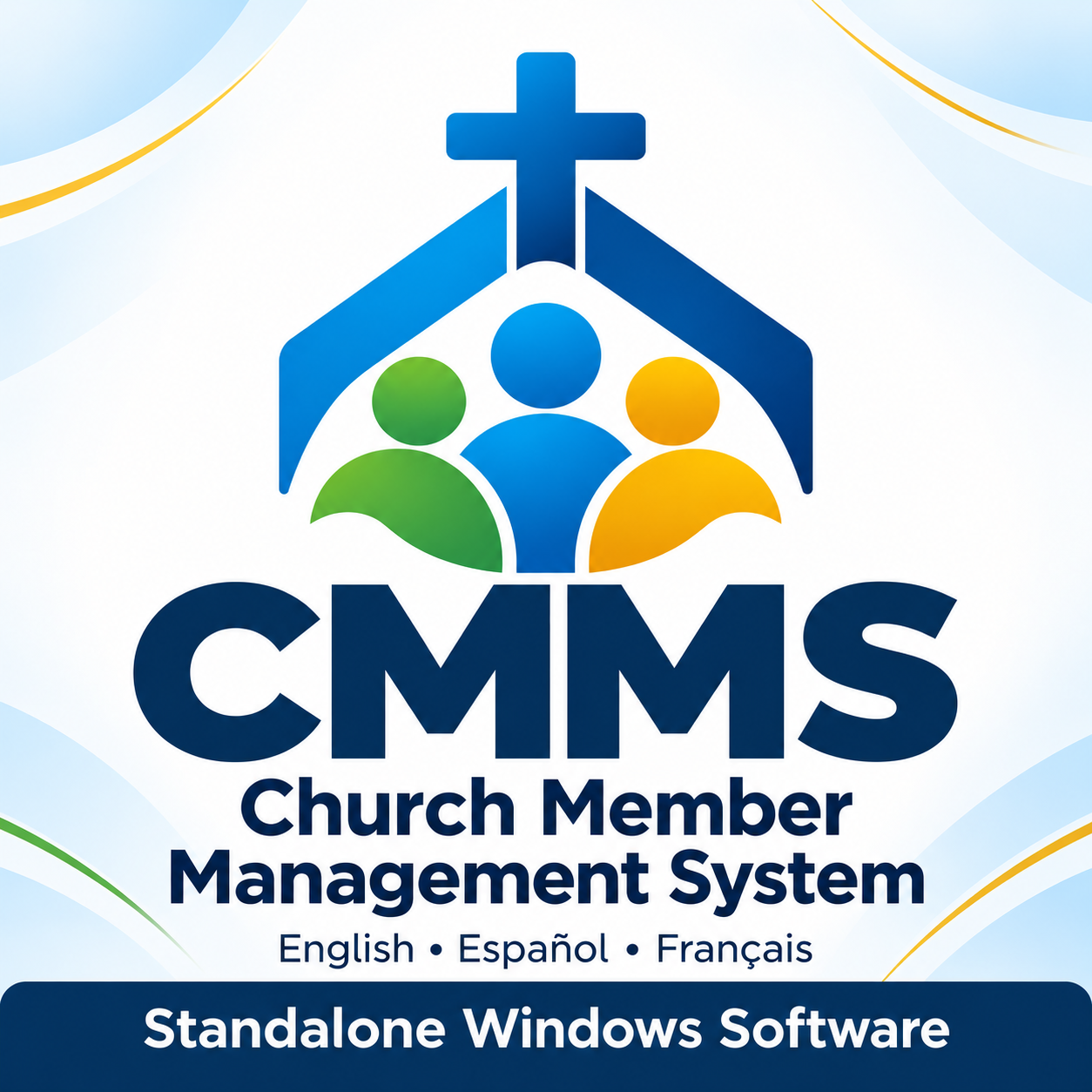 CMS Church Member Management System logo featuring a cross, three people, multilingual support, and standalone Windows software text