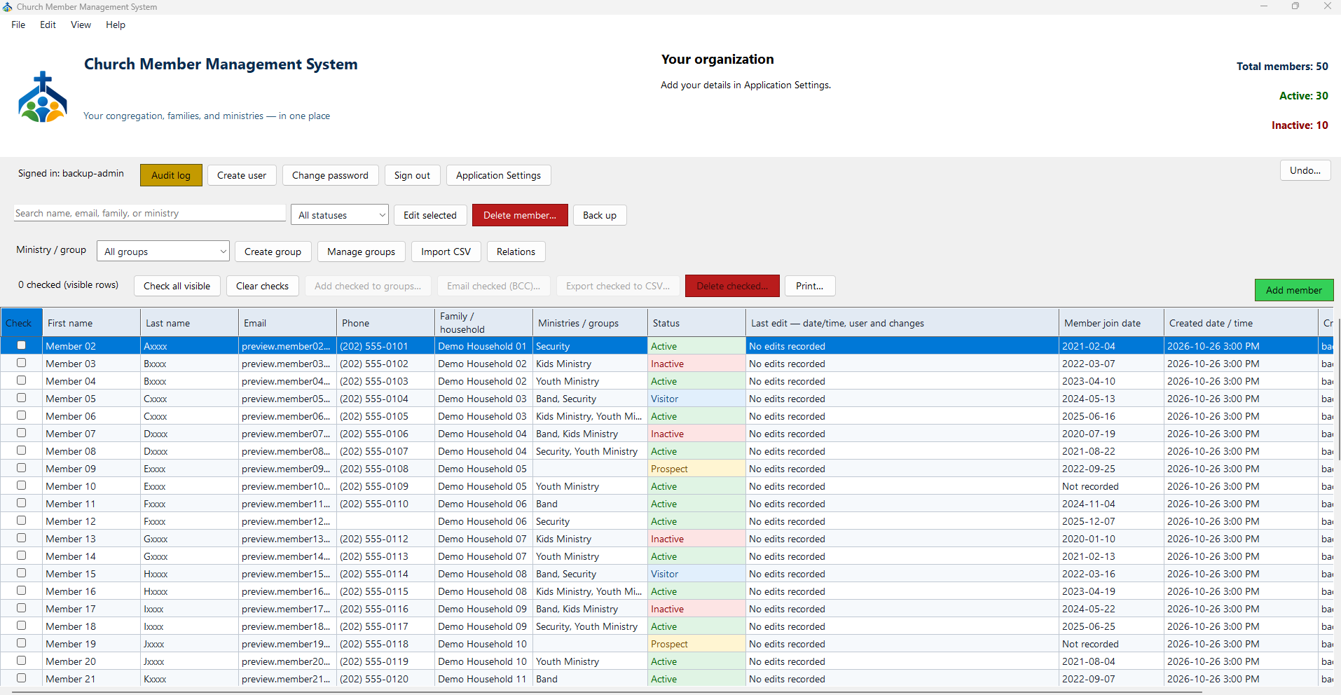 Church Member Management System dashboard showing member records, ministry groups, statuses, and organization totals