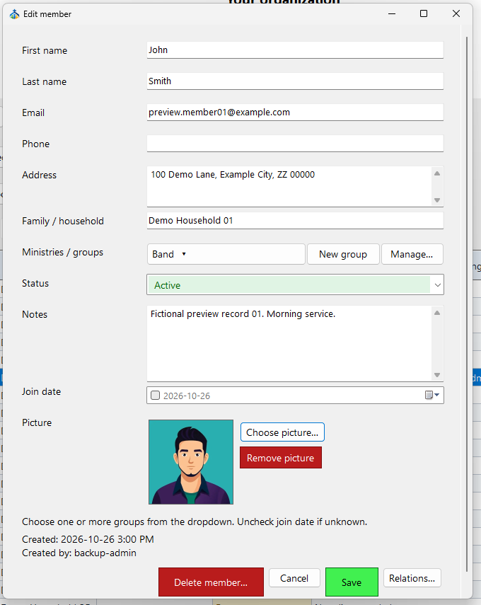 Edit member form displaying John Smith's contact information, household, group, status, notes, join date, and profile avatar