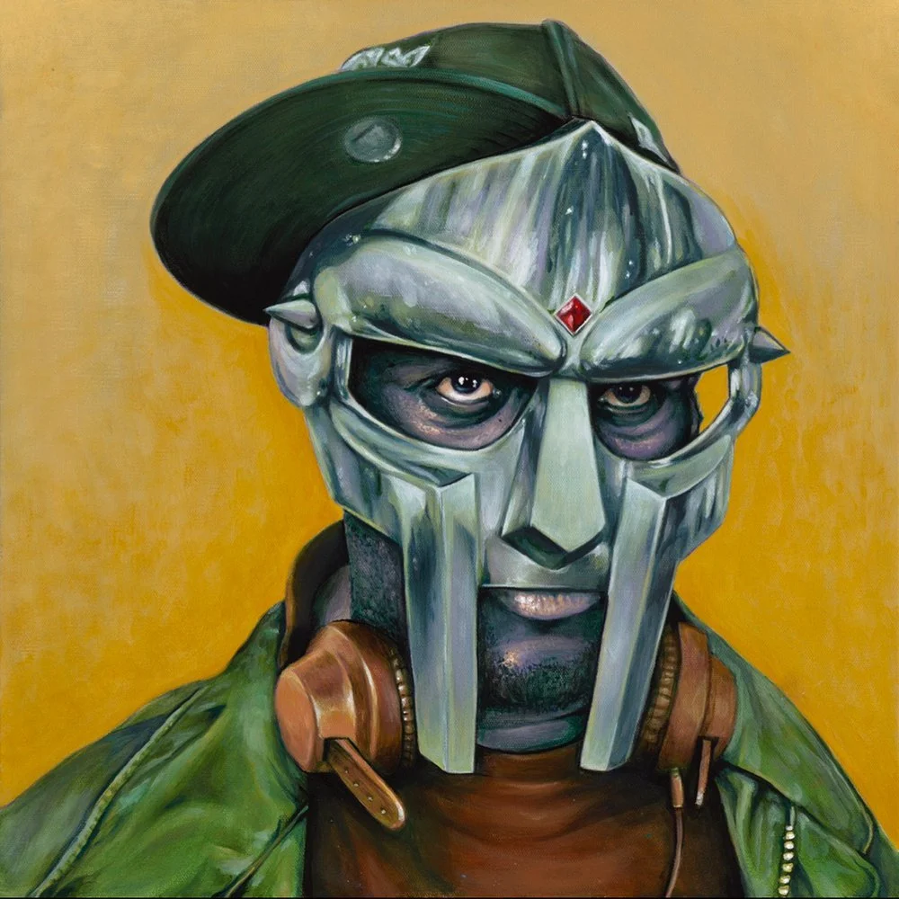 Illustrated portrait of a stern armored warrior wearing a green helmet, metal face mask, and leather shoulder armor against a mustard-yellow background.