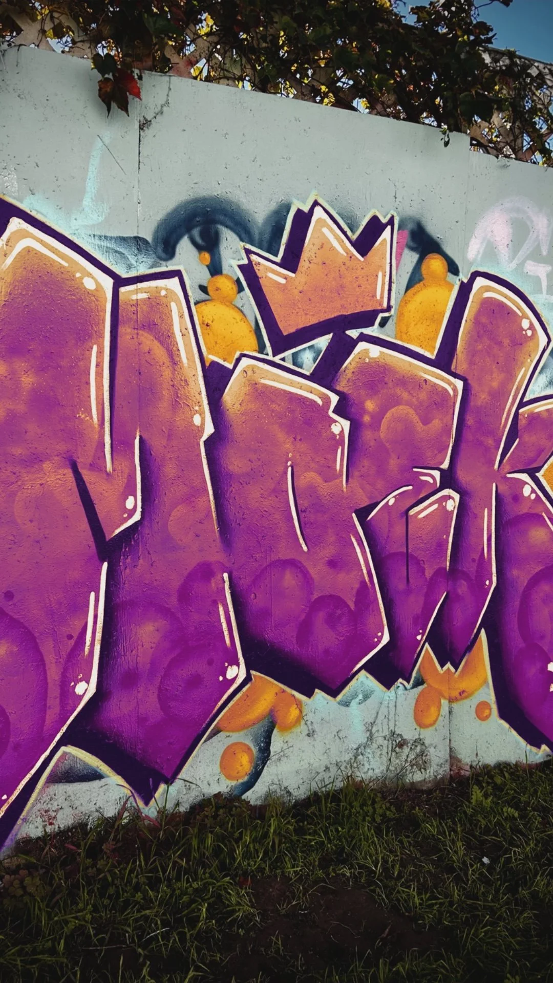 Colorful purple, orange, and yellow graffiti mural on a concrete wall beneath leafy trees