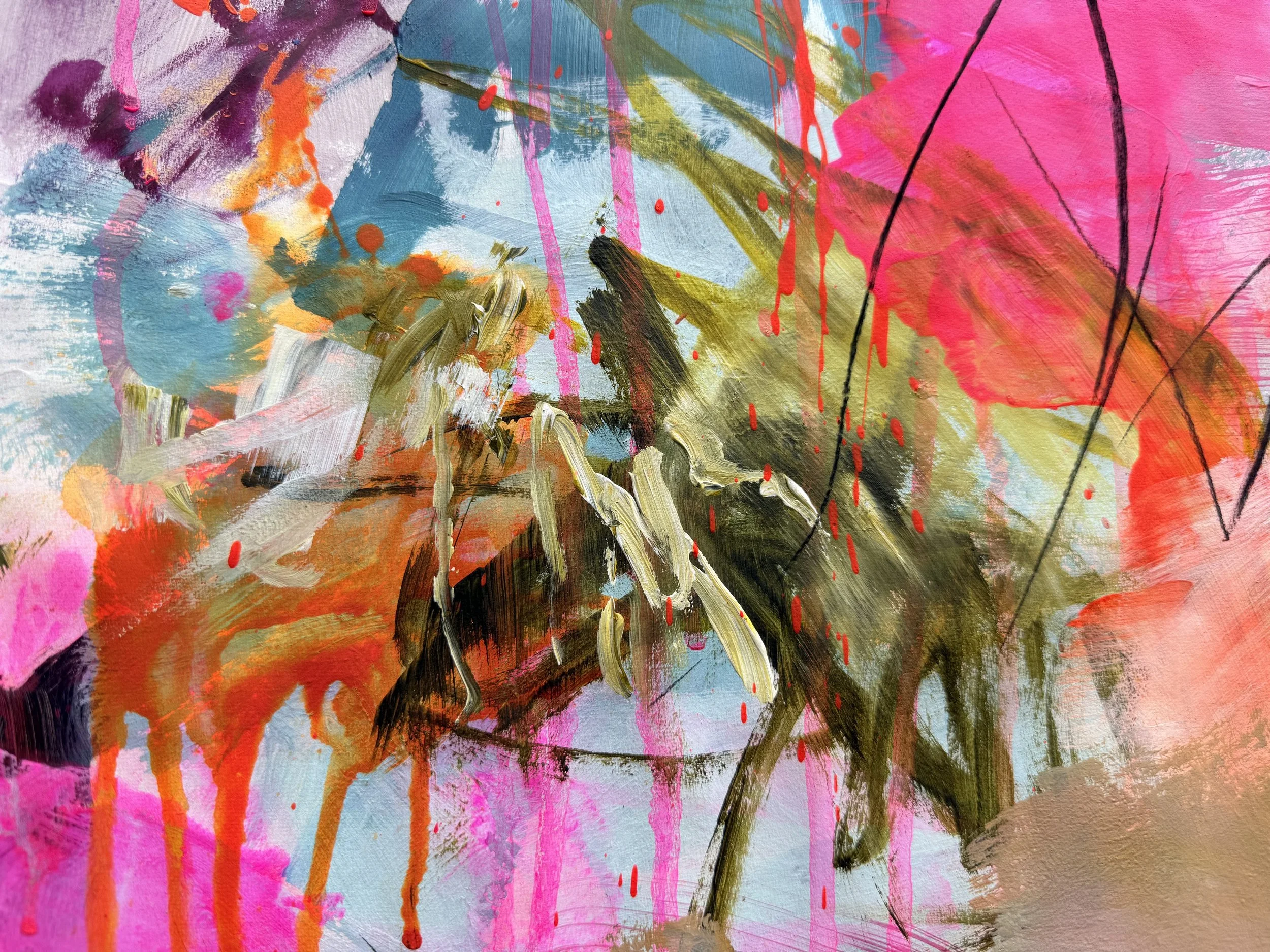 Vibrant abstract painting with colorful layered brushstrokes, paint drips, splatters, and black linear accents