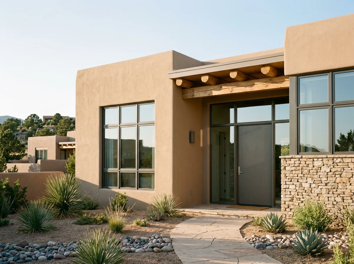 Modern Southwestern adobe-style home with large windows, wooden pergola, stone wall, and desert landscaping