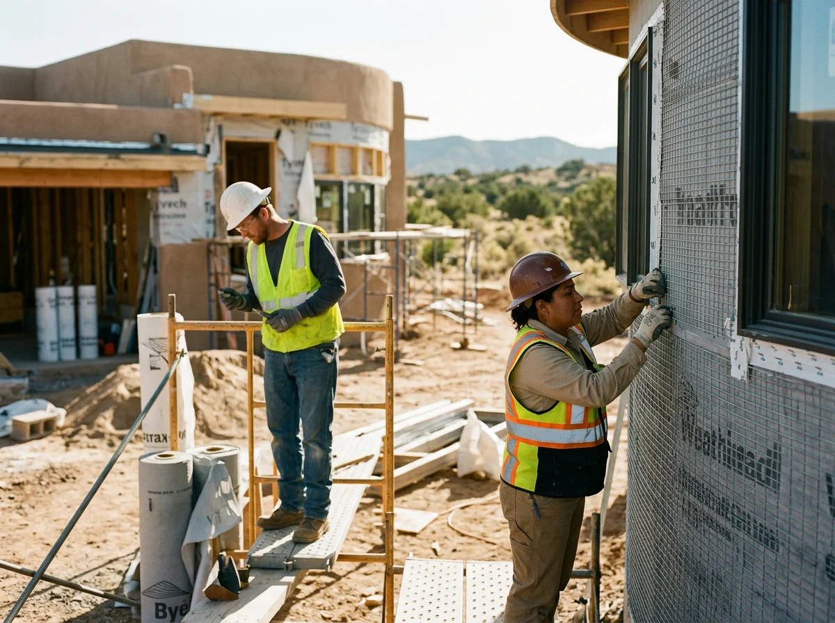 Construction workers in hard hats and safety vests installing wire mesh on a building exterior at a residential construction site