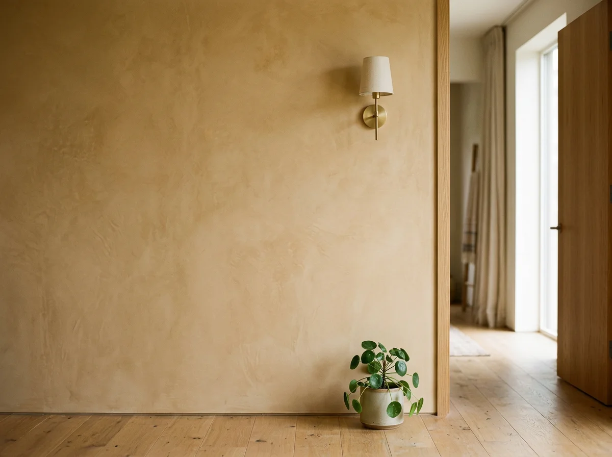 Warm minimalist interior with a textured beige wall, brass wall sconce, potted Chinese money plant, and open doorway