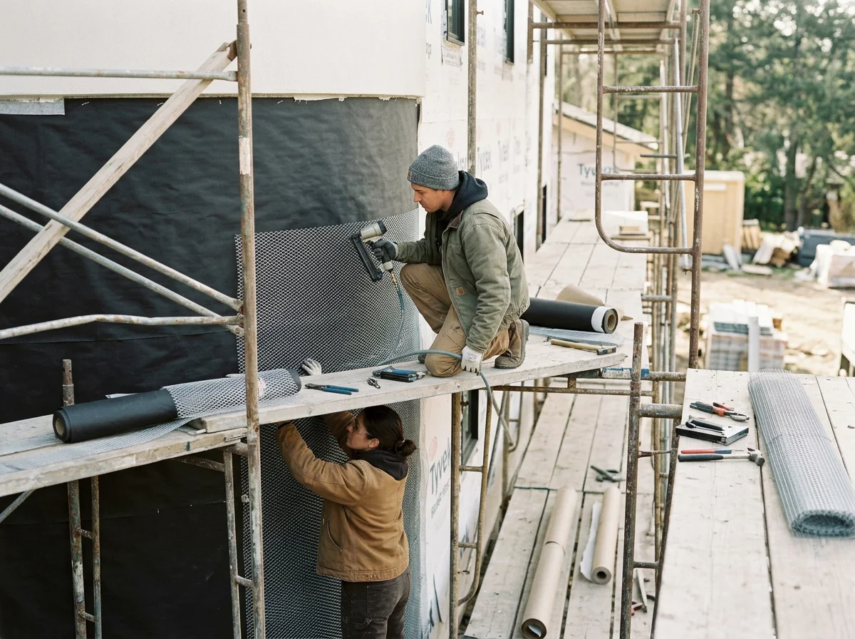Subcontractor installing self-furring wire lath over weather barrier