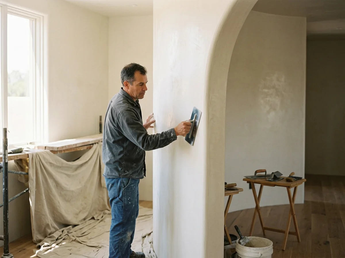 Smoothing plaster on an interior wall during a home renovation