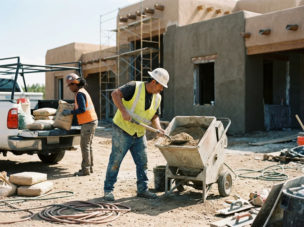 Job site continuous mortar mixer with sand and bagged stucco materials