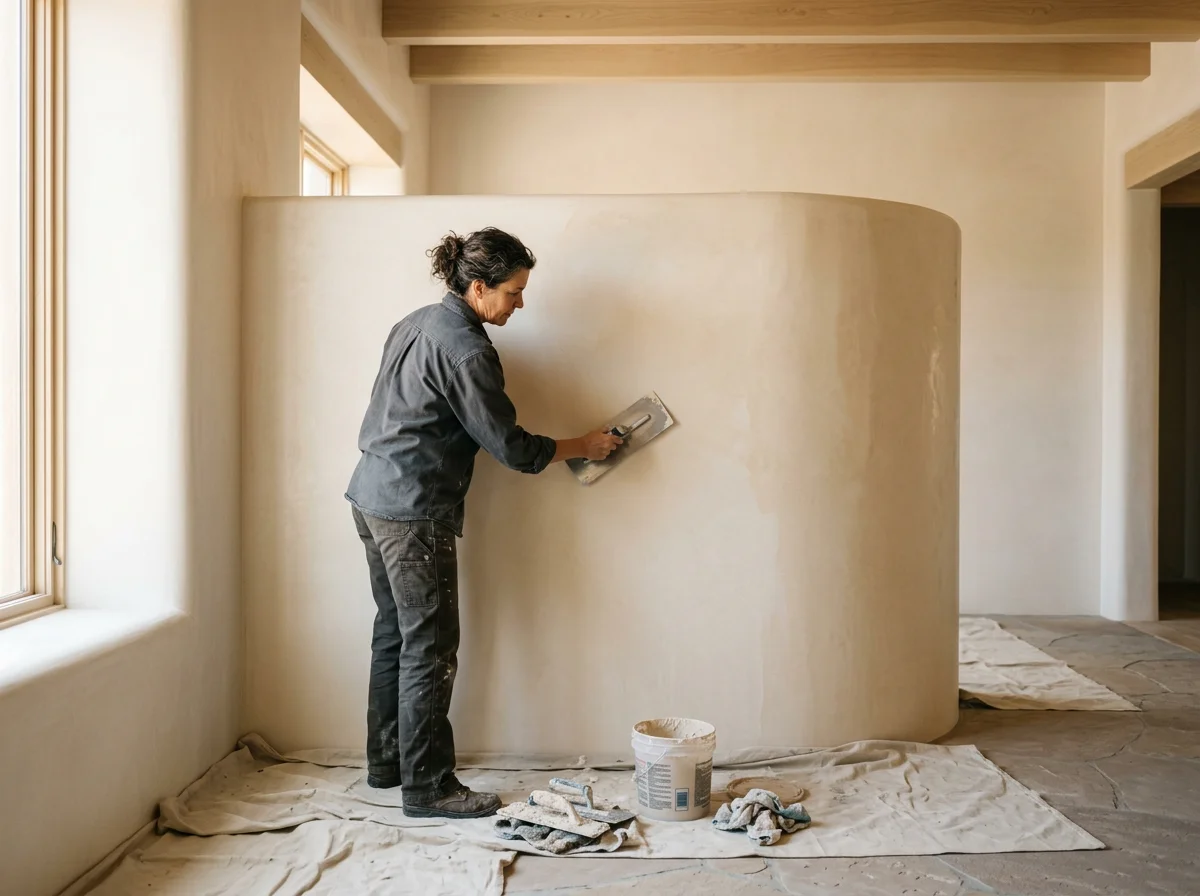 Hand-troweling smooth Venetian lime plaster on curved interior wall
