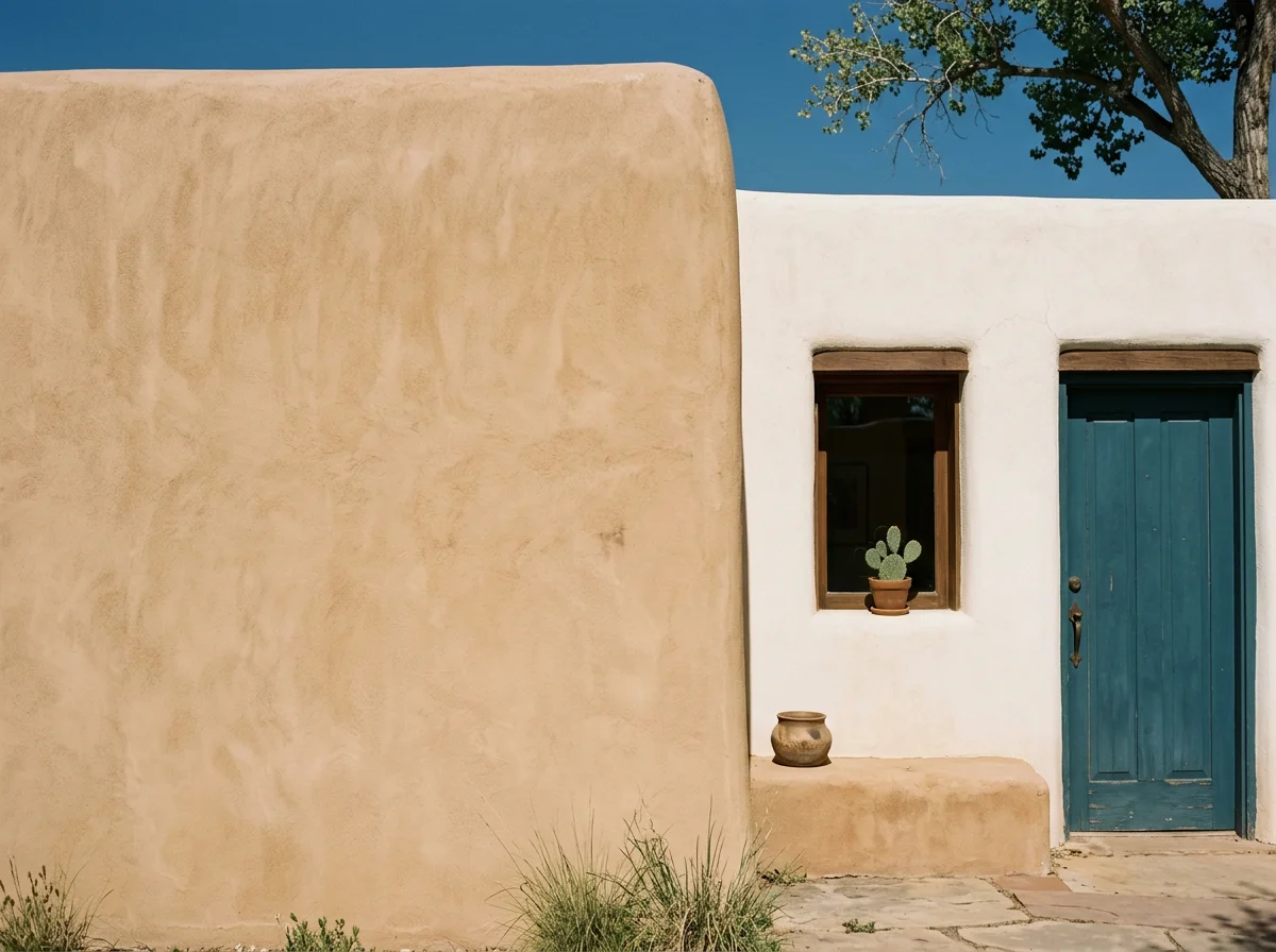 Adobe-style Southwestern building with a turquoise blue door, cactus in the window, and desert landscaping under a clear blue sky