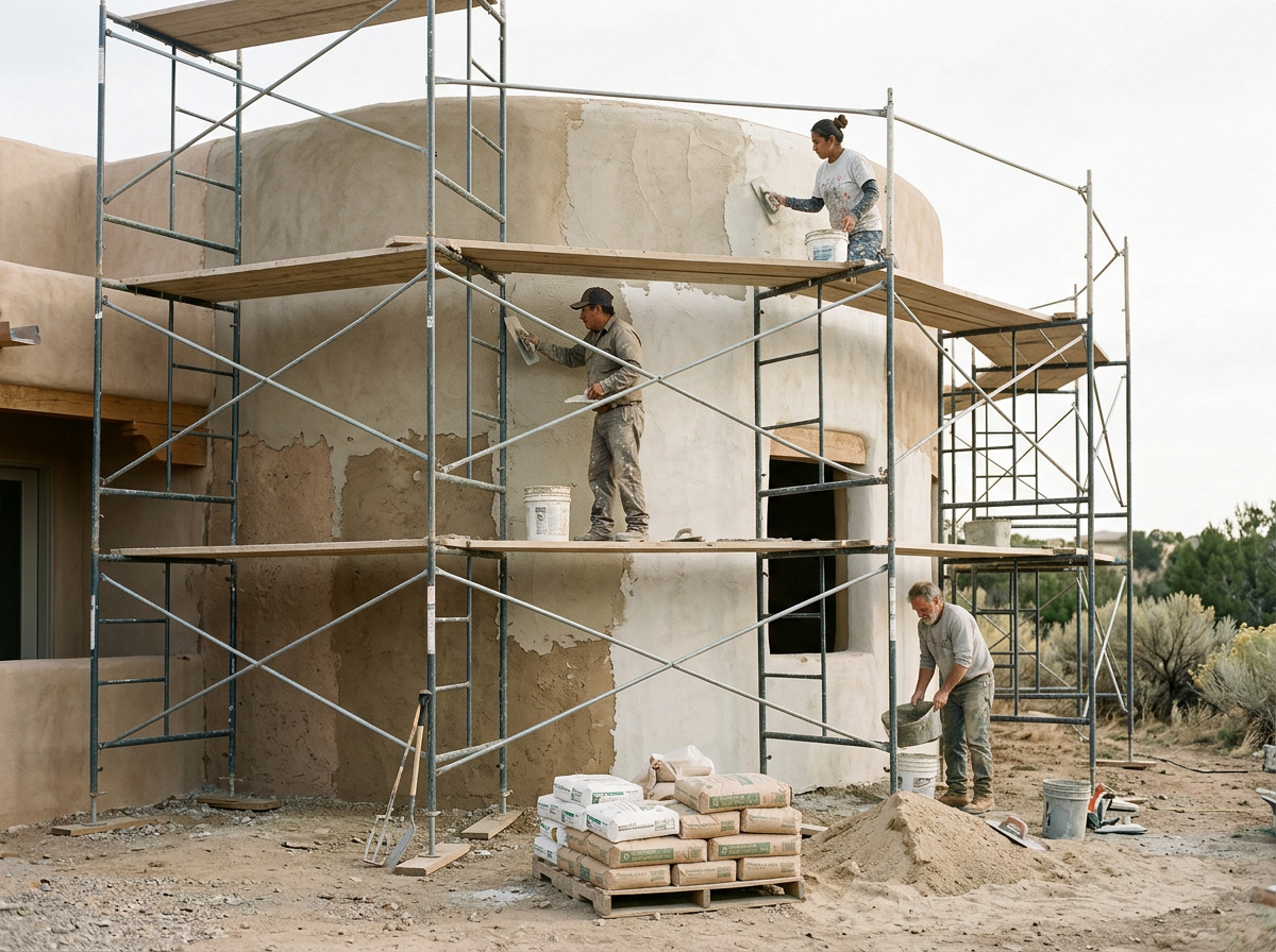 Exterior traditional stucco application on Santa Fe custom home scaffolding