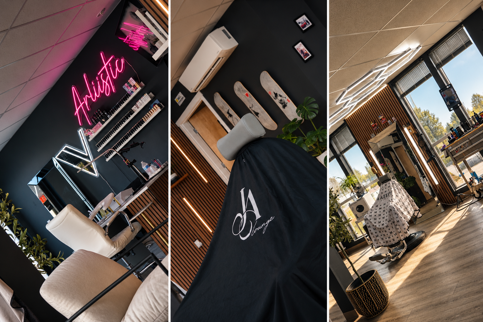 Modern barber & nail studio interior with neon signs, tattoo chairs, skateboards, plants, and large windows