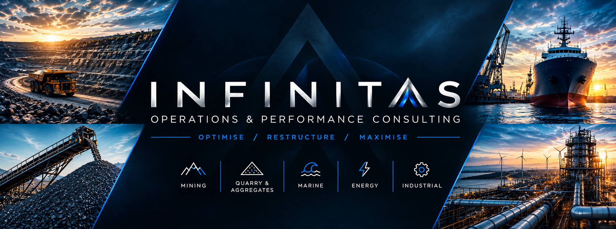 Infinitas Operations & Performance Consulting banner featuring mining, quarry, marine, energy, and industrial operations.