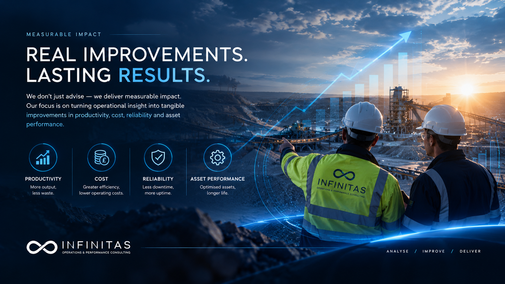 Infinitas operations consulting mining industry banner featuring two engineers, productivity and performance growth graphics, and measurable improvement messaging