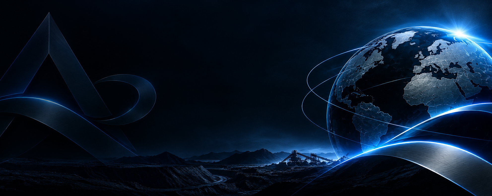 Futuristic blue digital globe with glowing network lines above a dark mountainous industrial landscape