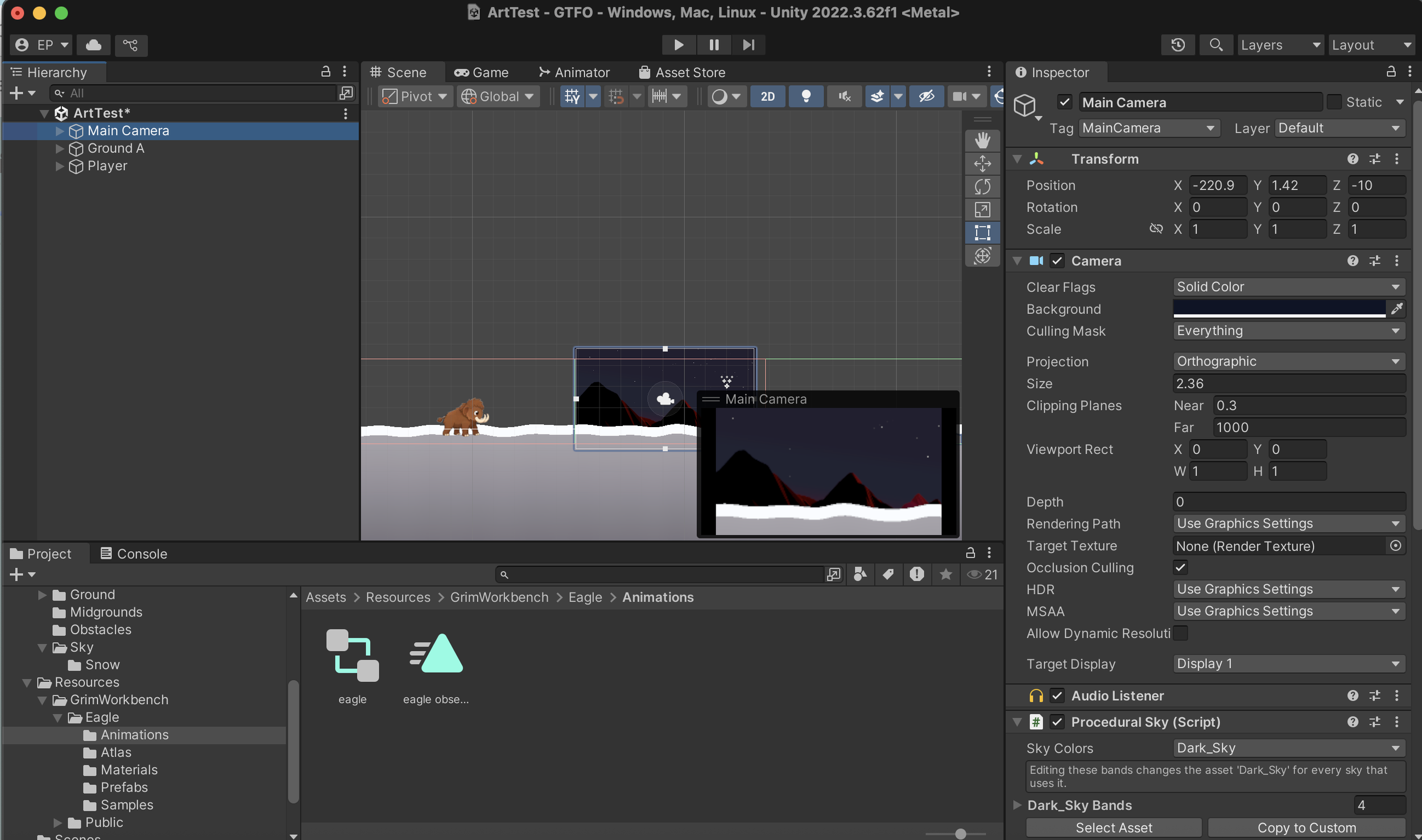 Unity game development editor displaying a snowy 2D mountain scene with a cartoon player character and Main Camera settings