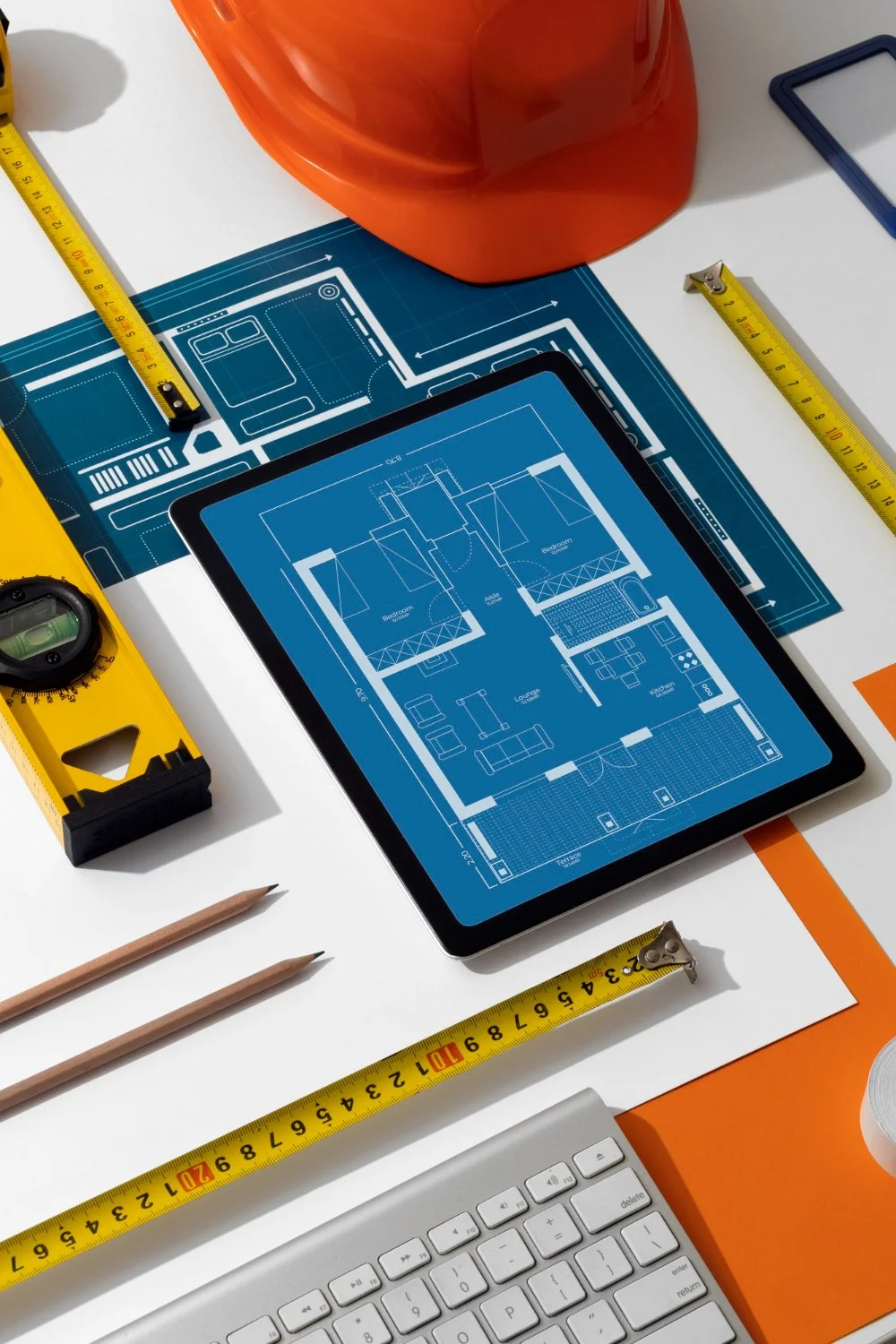 Architectural workspace with an orange hard hat, tablet displaying a house floor plan, blueprints, measuring tapes, pencils, level, and keyboard