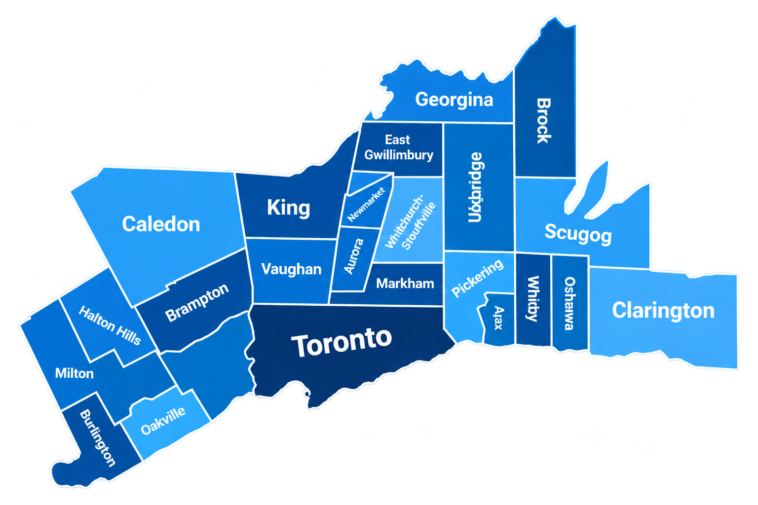 Blue map of the Greater Toronto Area showing Toronto and surrounding municipalities, including Mississauga, Brampton, Vaughan, Markham, Richmond Hill, and Oshawa.