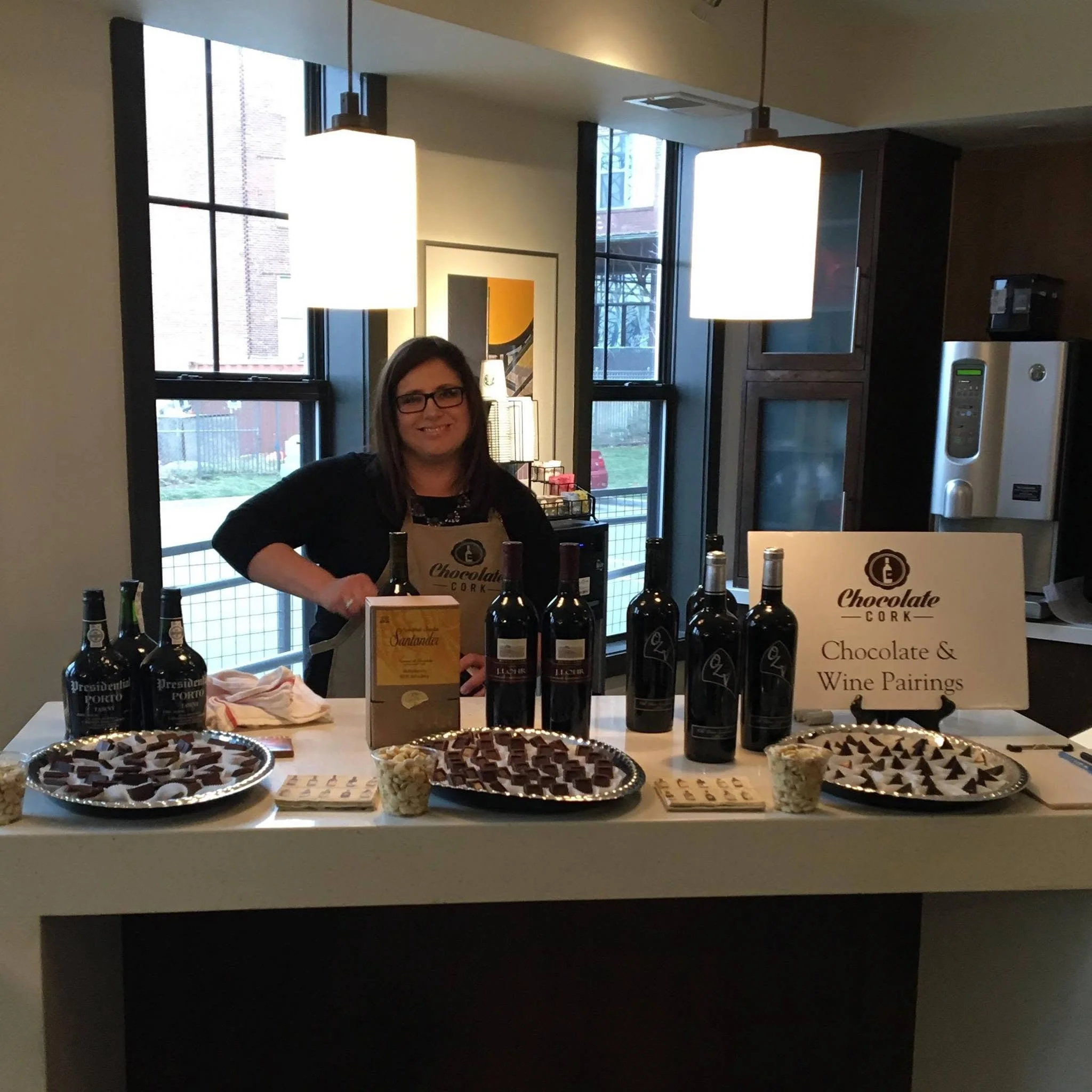 Keri Lauderdale Olson behind a Chocolate Cork pairing display.