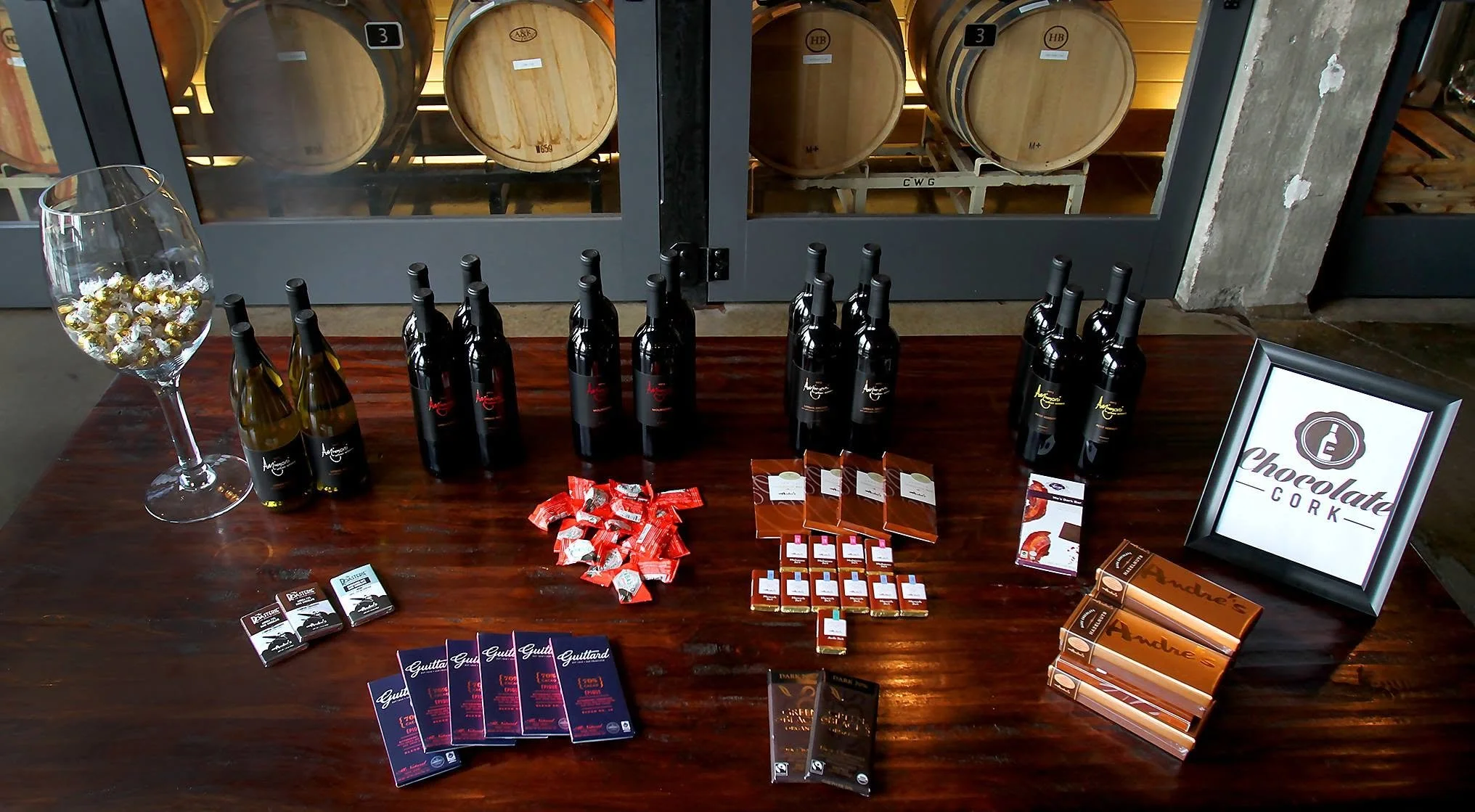 A Chocolate Cork chocolate and wine pairing station prepared for an event.