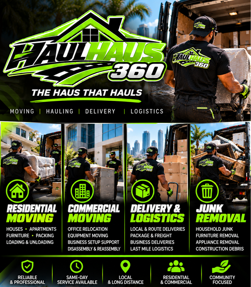 Haul Haus 360 moving and logistics company advertisement featuring residential and commercial moving, delivery, junk removal, and professional movers loading a box truck