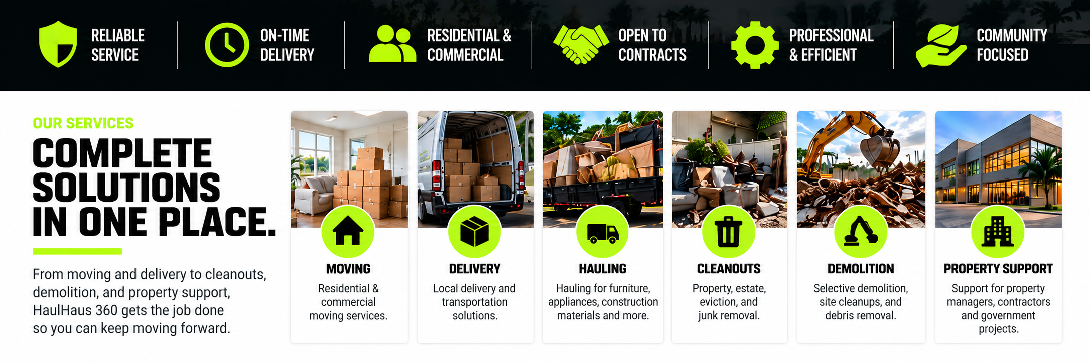 HaulHaus 360 services banner featuring moving, delivery, hauling, cleanouts, demolition, and property support.