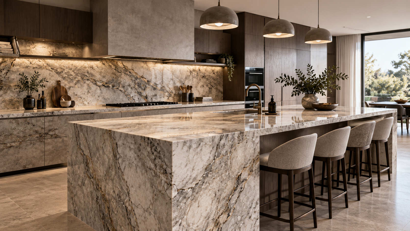 Luxury modern kitchen with a marble waterfall island, dark wood cabinetry, pendant lights, and bar stools