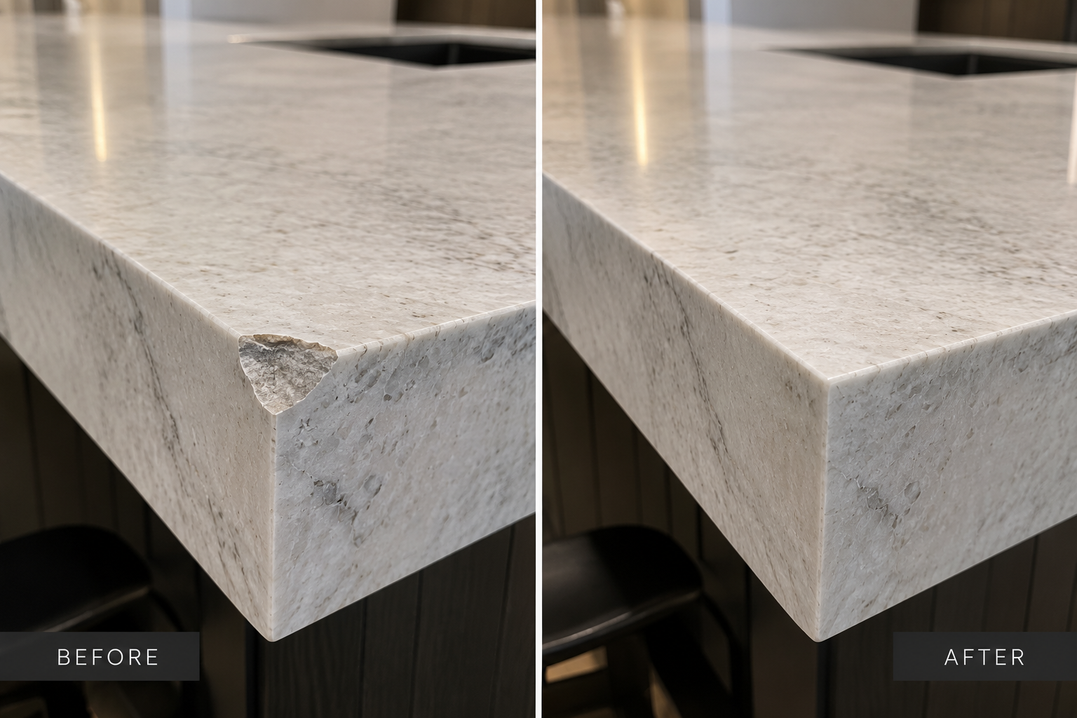 Before-and-after comparison of a chipped white stone countertop corner repaired to a smooth finish
