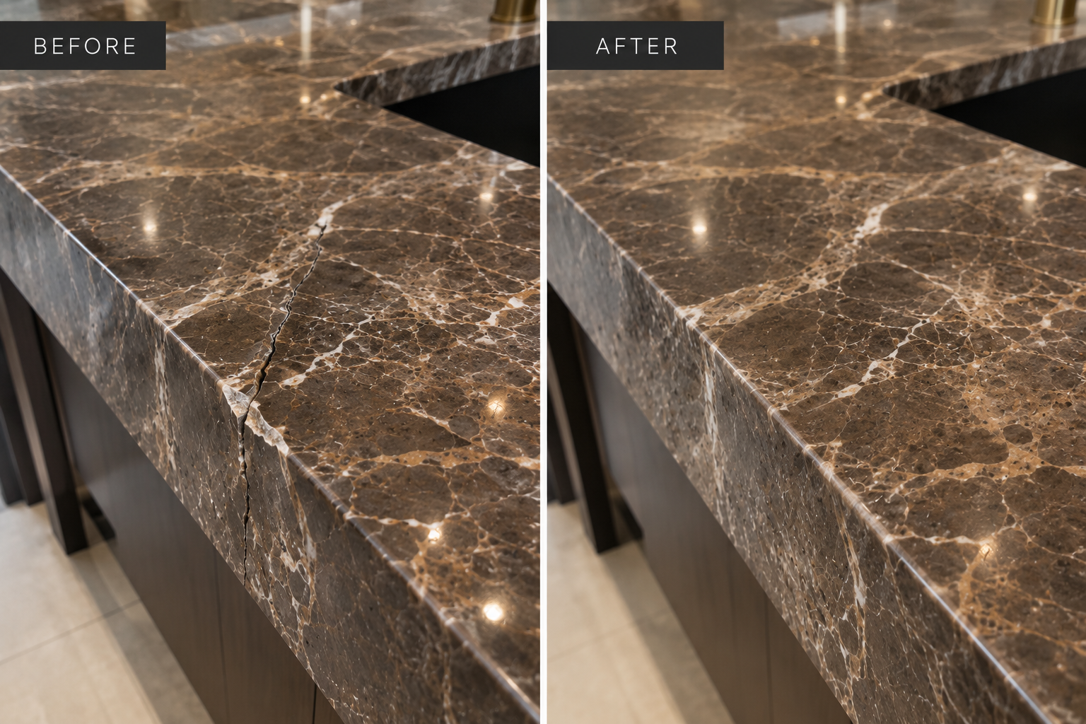Before-and-after comparison of a cracked brown marble countertop, showing the repaired crack and restored edge